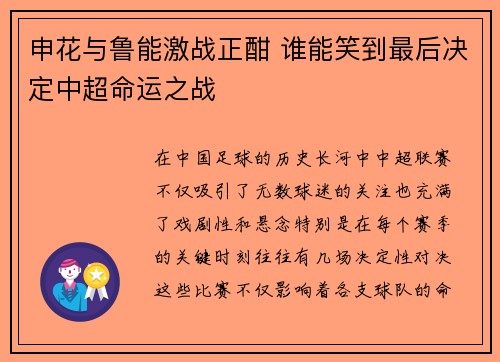 申花与鲁能激战正酣 谁能笑到最后决定中超命运之战